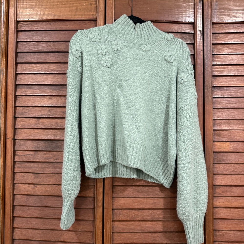Jessica Simpson Sage Green Floral Knit Turtleneck Sweater
